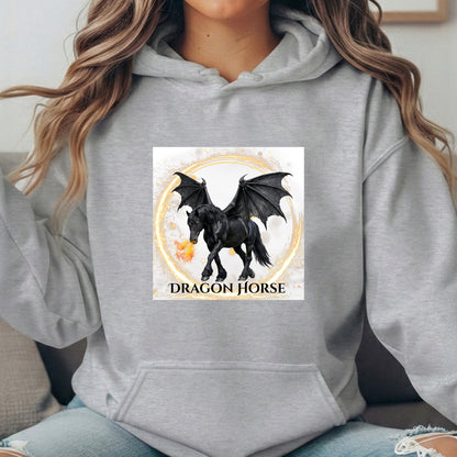 Black Winged Dragon Horse Fire Breathing Fantasy Equestrian Unisex Heavy Blend Hooded Sweatshirt