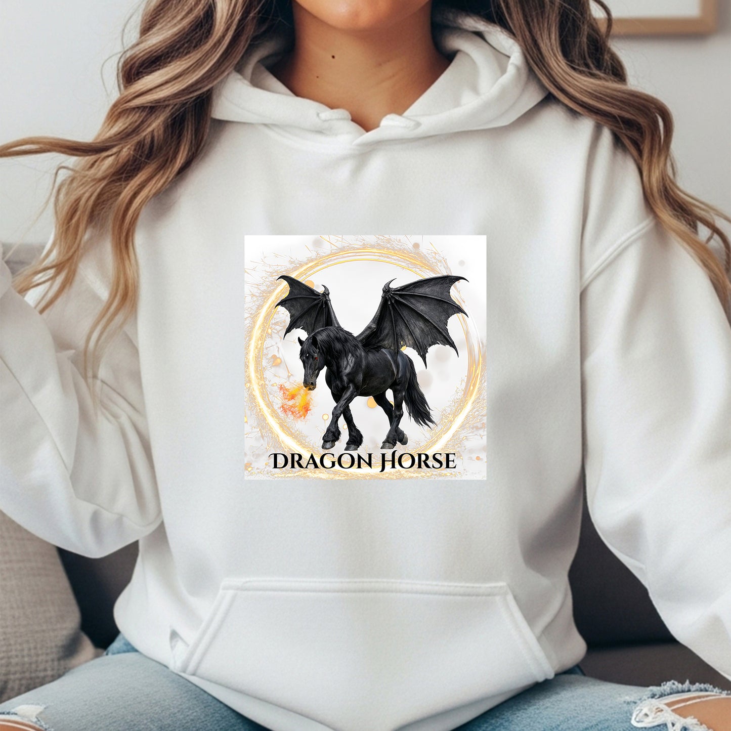 Black Winged Dragon Horse Fire Breathing Fantasy Equestrian Unisex Heavy Blend Hooded Sweatshirt