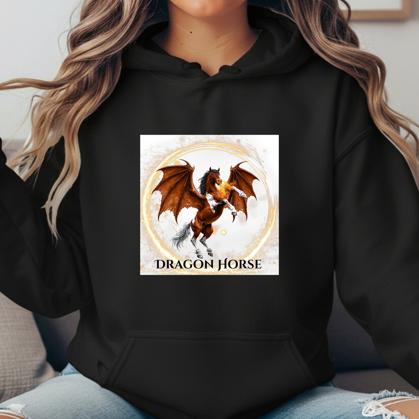 Bay & White Rearing Dragon Horse Fantasy Equestrian Unisex Heavy Blend Hooded Sweatshirt