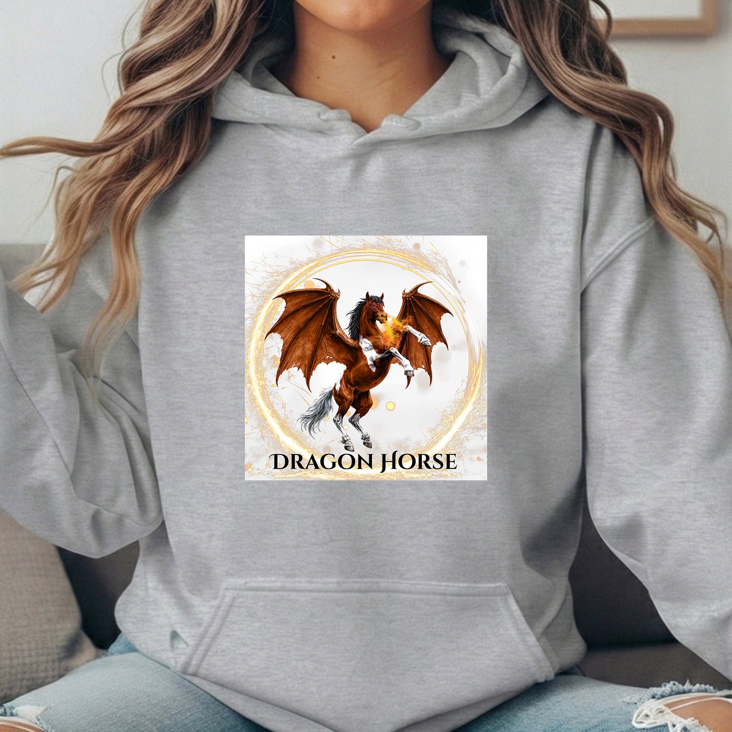 Bay & White Rearing Dragon Horse Fantasy Equestrian Unisex Heavy Blend Hooded Sweatshirt