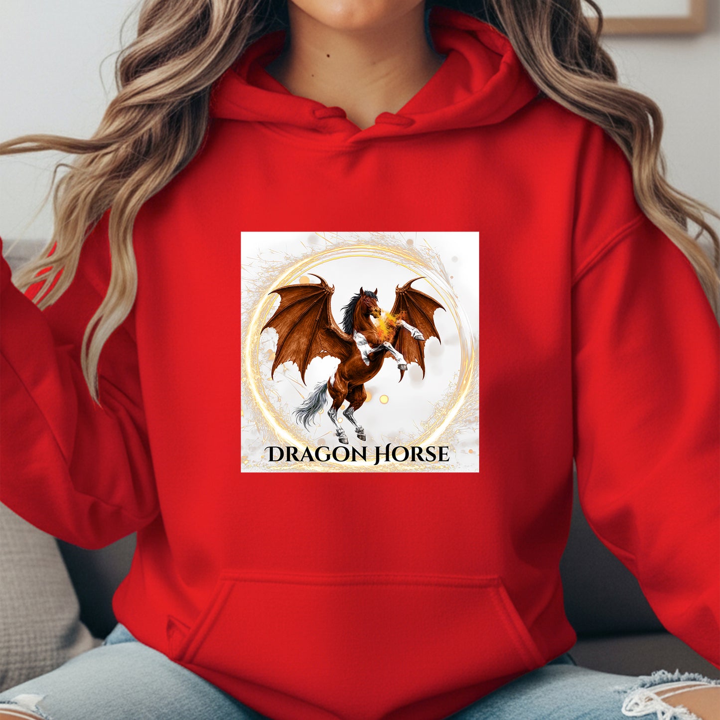 Bay & White Rearing Dragon Horse Fantasy Equestrian Unisex Heavy Blend Hooded Sweatshirt