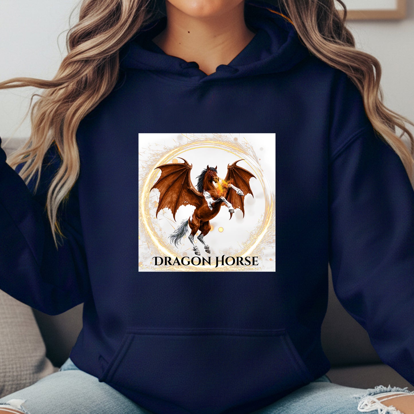 Bay & White Rearing Dragon Horse Fantasy Equestrian Unisex Heavy Blend Hooded Sweatshirt