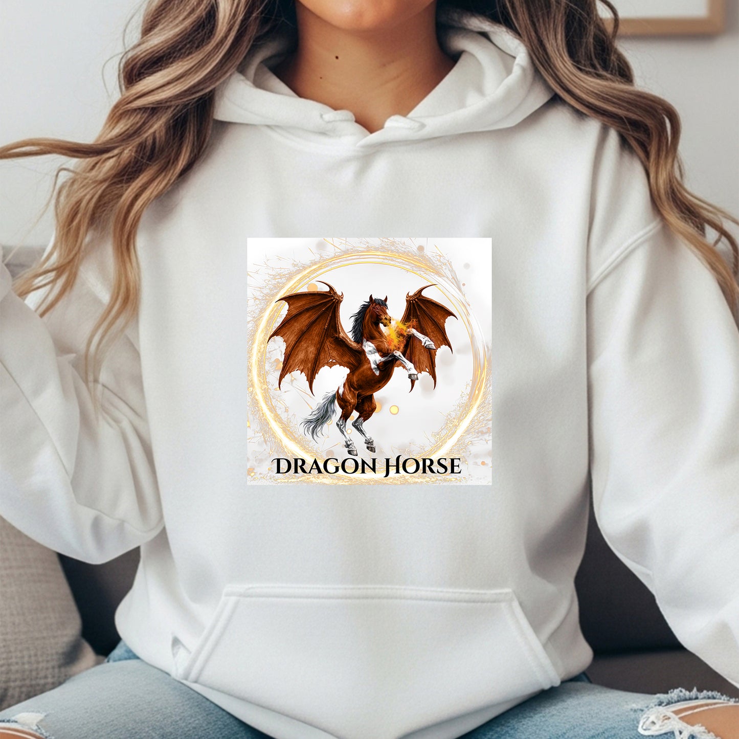 Bay & White Rearing Dragon Horse Fantasy Equestrian Unisex Heavy Blend Hooded Sweatshirt
