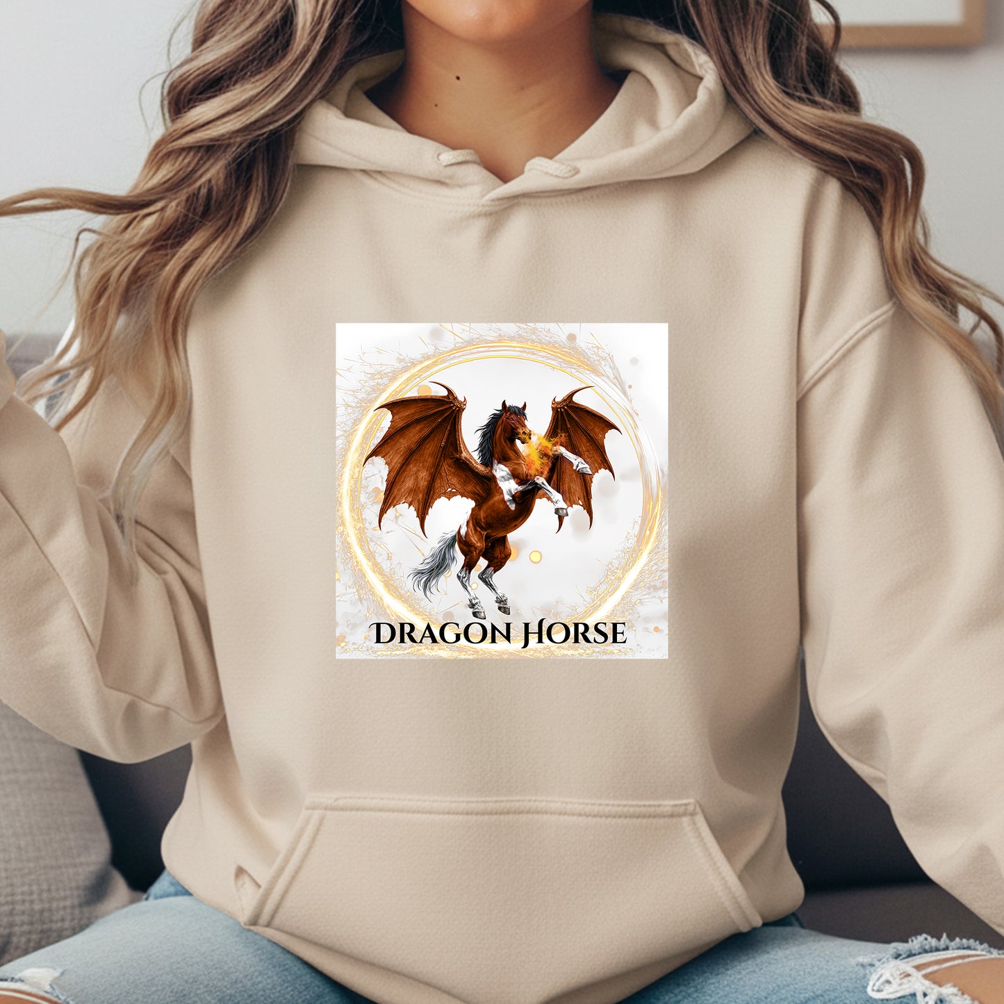 Bay & White Rearing Dragon Horse Fantasy Equestrian Unisex Heavy Blend Hooded Sweatshirt