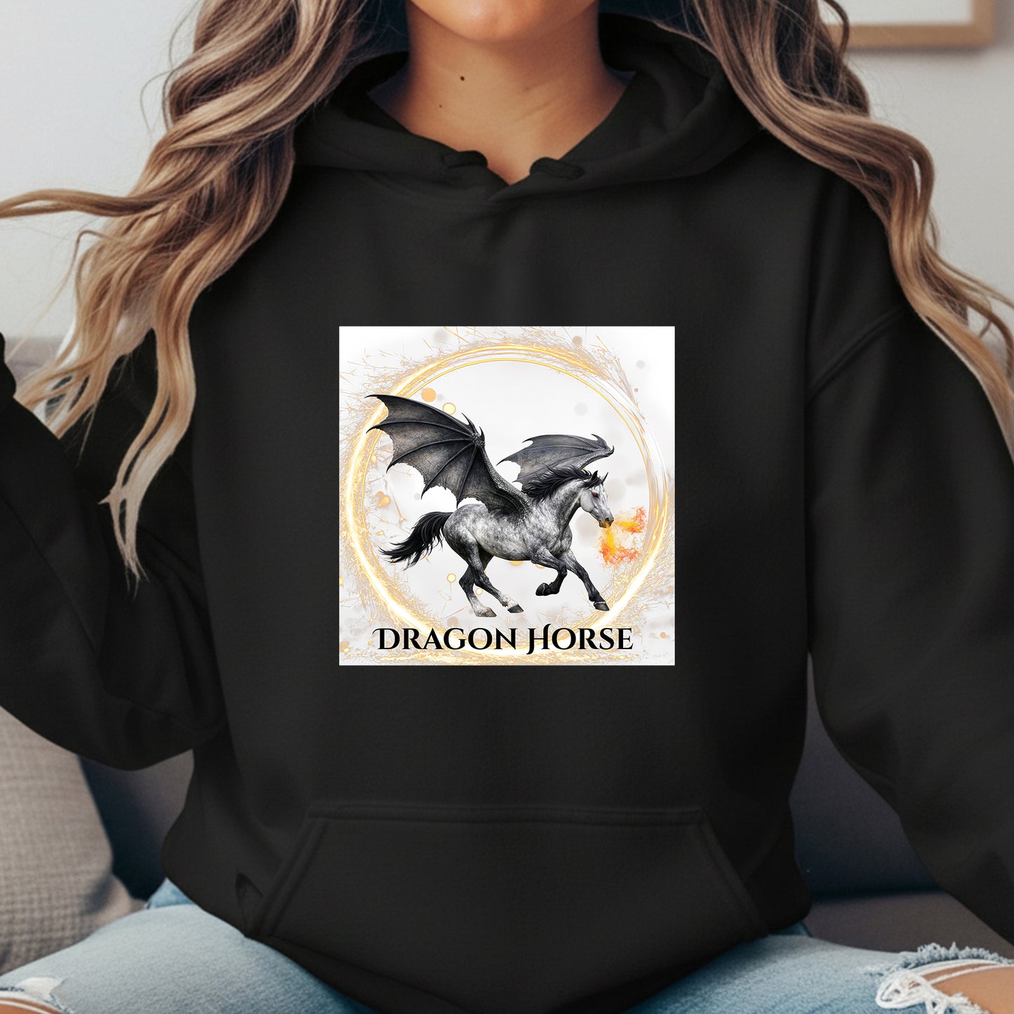 Gray Winged Dragon Horse Fire Breathing Fantasy Equestrian Unisex Heavy Blend Hooded Sweatshirt