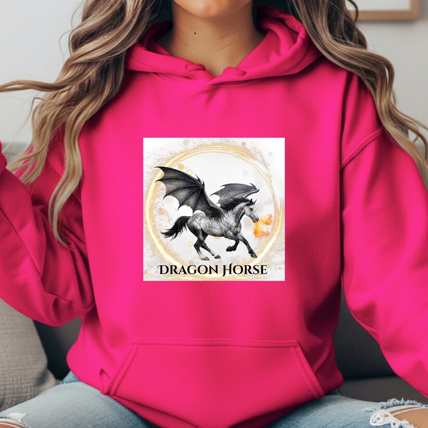Gray Winged Dragon Horse Fire Breathing Fantasy Equestrian Unisex Heavy Blend Hooded Sweatshirt