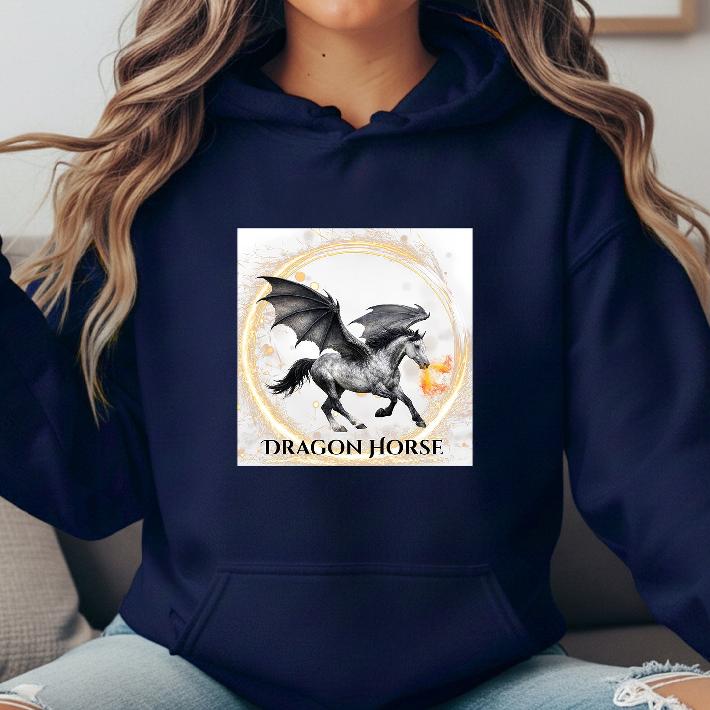 Gray Winged Dragon Horse Fire Breathing Fantasy Equestrian Unisex Heavy Blend Hooded Sweatshirt