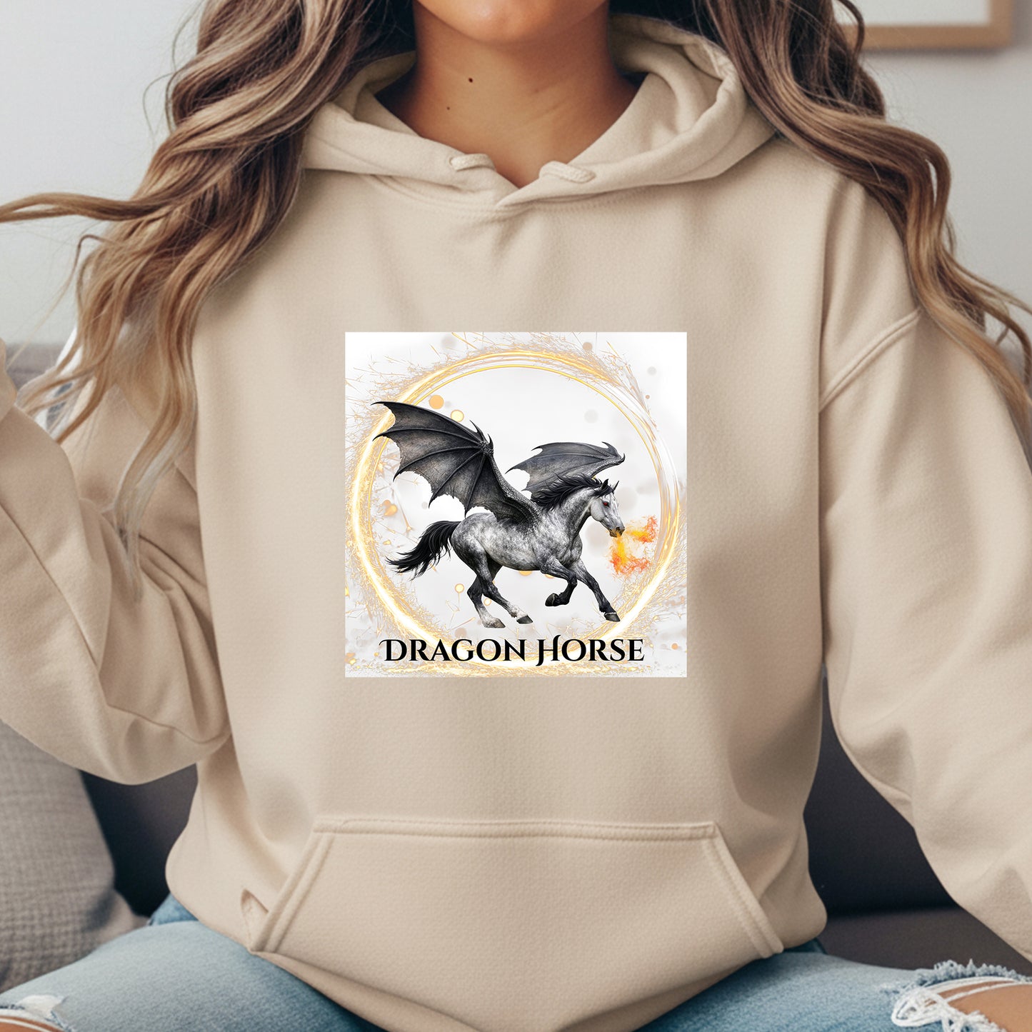 Gray Winged Dragon Horse Fire Breathing Fantasy Equestrian Unisex Heavy Blend Hooded Sweatshirt