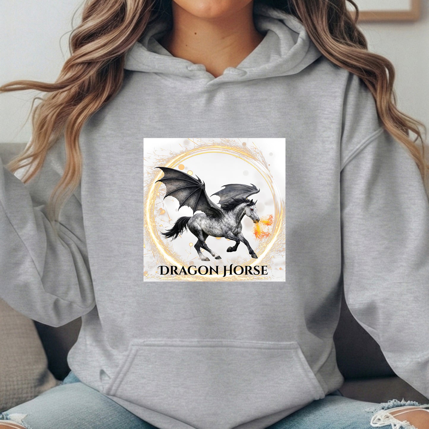 Gray Winged Dragon Horse Fire Breathing Fantasy Equestrian Unisex Heavy Blend Hooded Sweatshirt