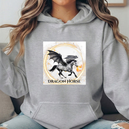 Gray Winged Dragon Horse Fire Breathing Fantasy Equestrian Unisex Heavy Blend Hooded Sweatshirt