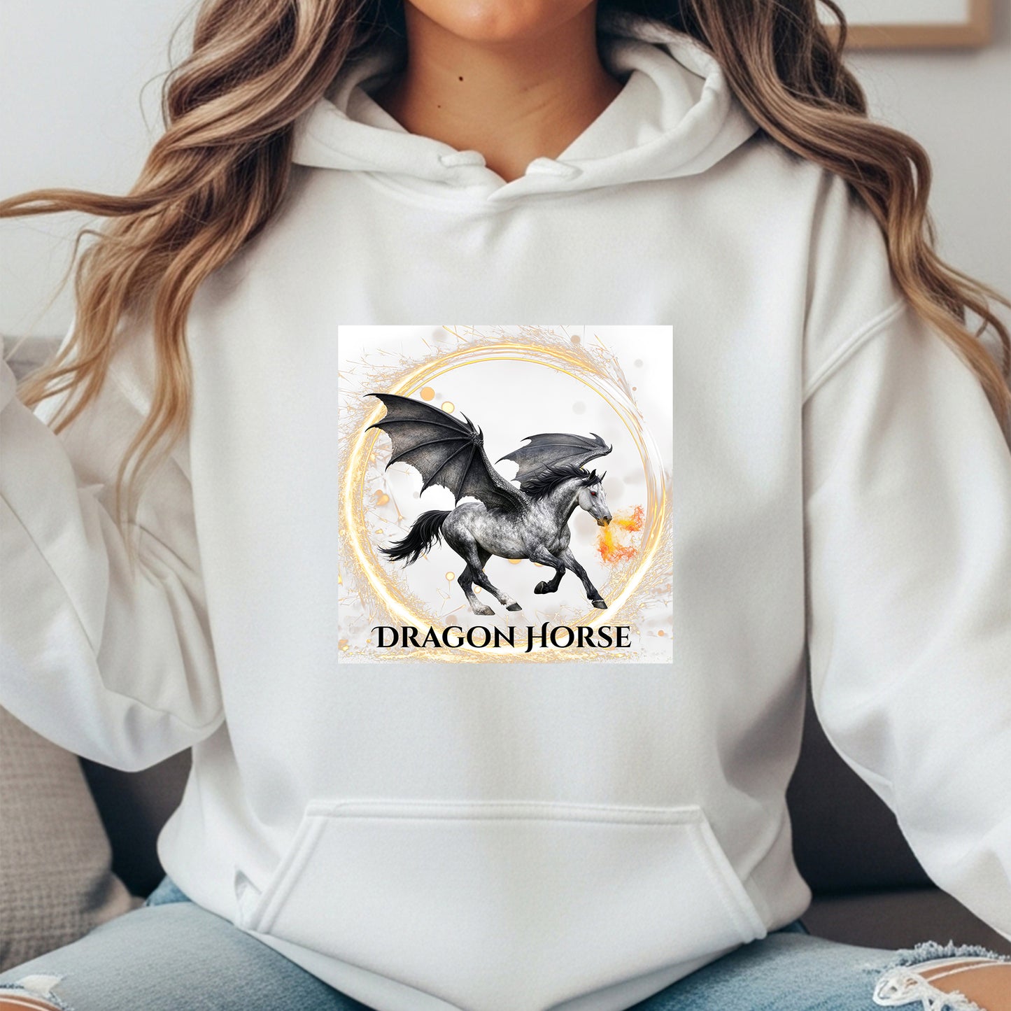 Gray Winged Dragon Horse Fire Breathing Fantasy Equestrian Unisex Heavy Blend Hooded Sweatshirt