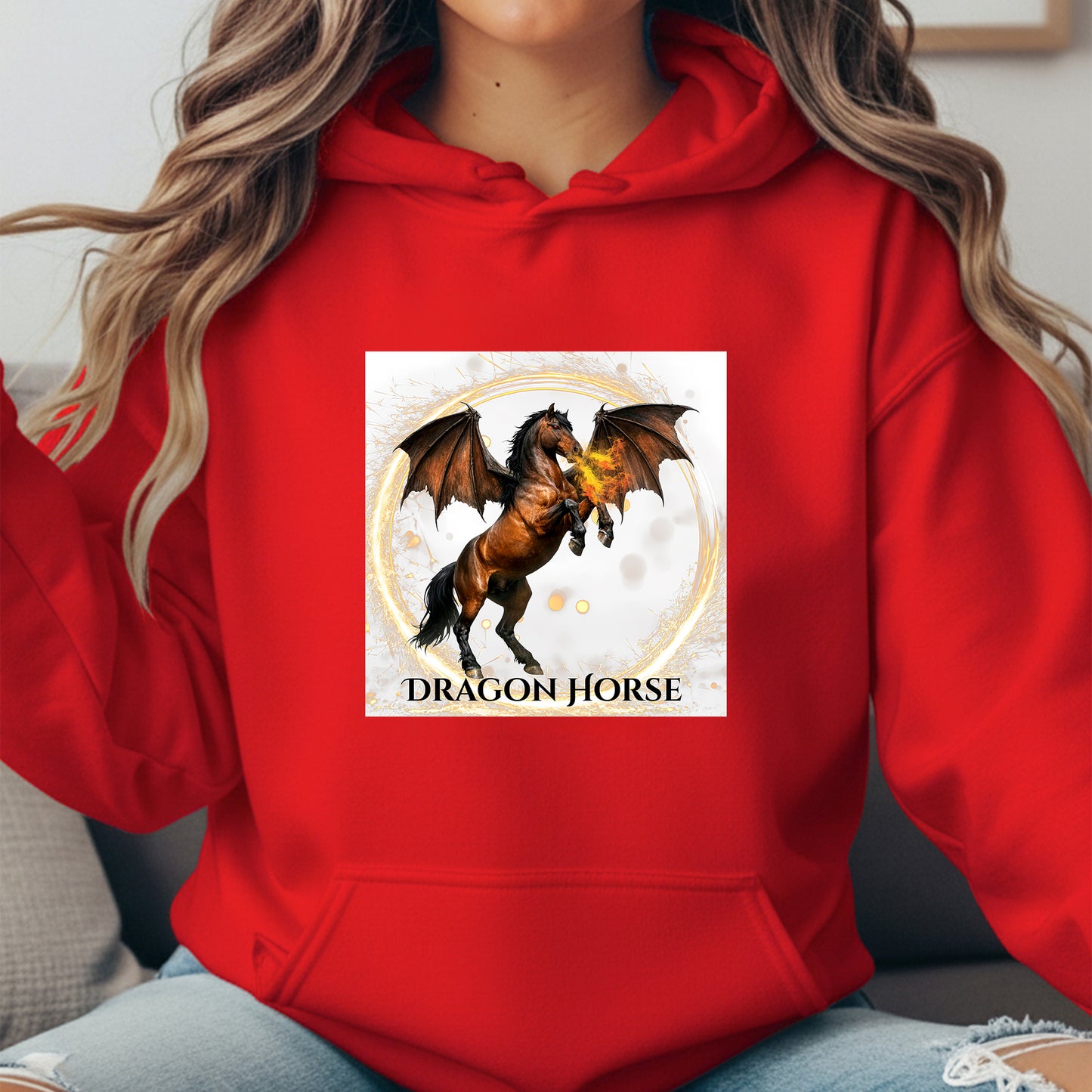 Dragon Horse Bay Fire Breathing Winged Horse Fantasy Equestrian Unisex Heavy Blend Hooded Sweatshirt