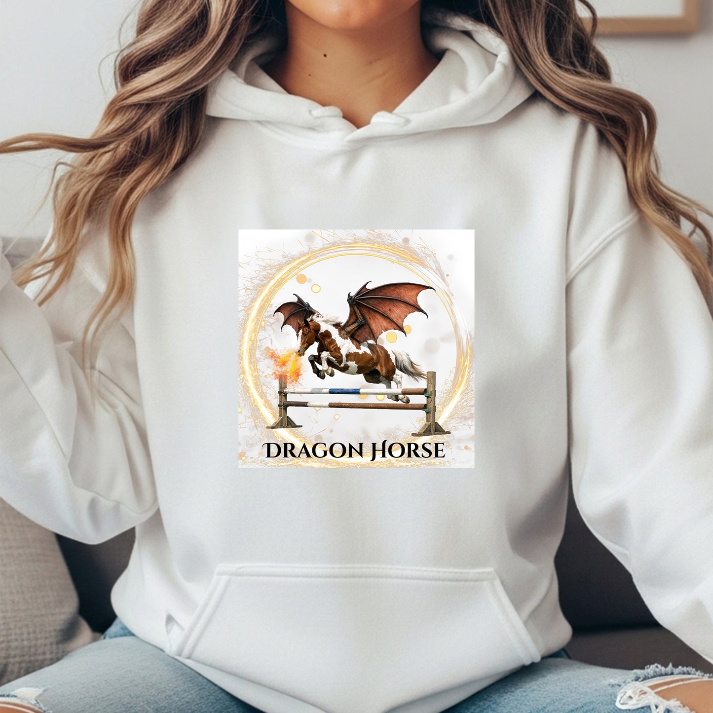 Dragon Horse Chestnut & White Winged Horse Jumping Fantasy Unisex Heavy Blend Hooded Sweatshirt