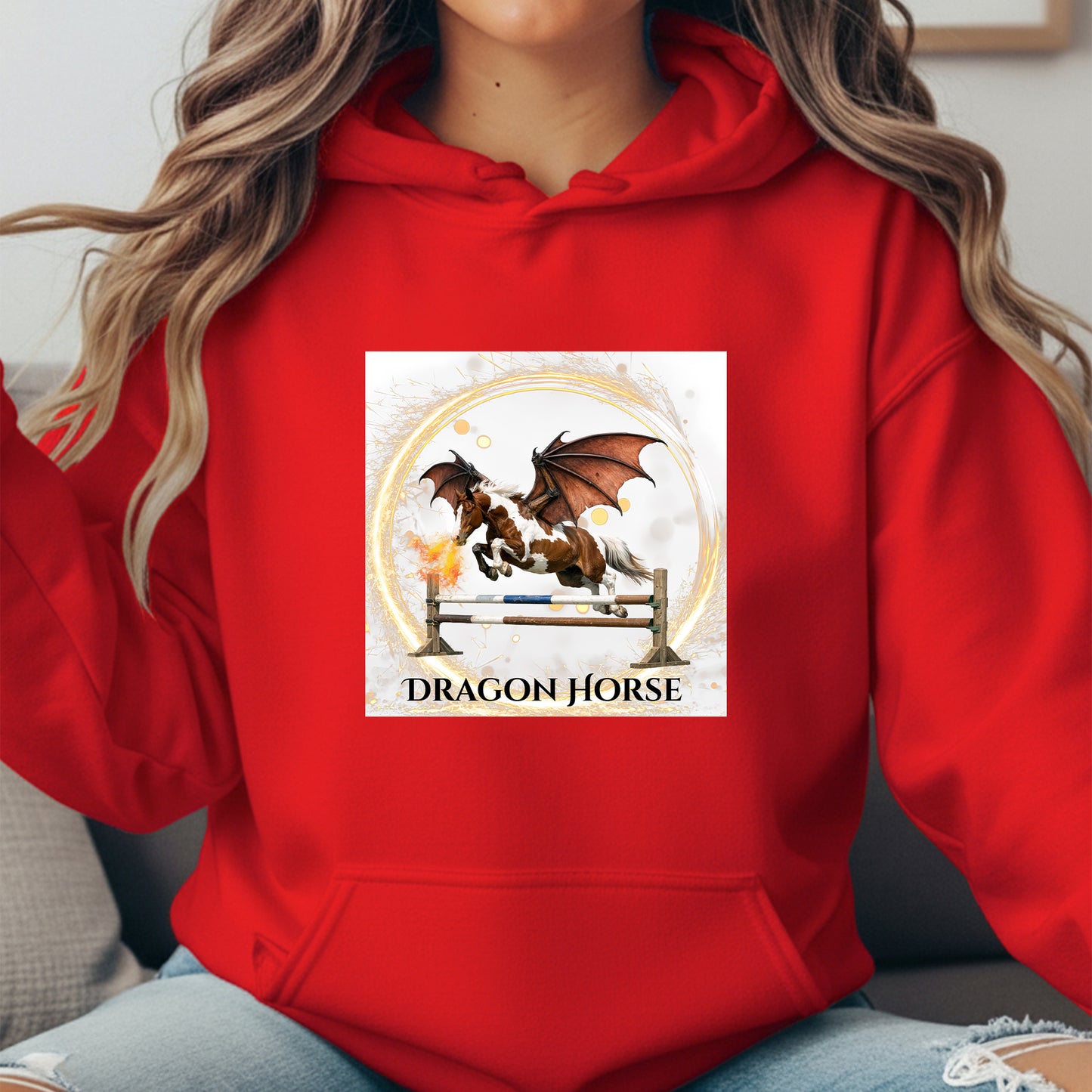 Dragon Horse Chestnut & White Winged Horse Jumping Fantasy Unisex Heavy Blend Hooded Sweatshirt