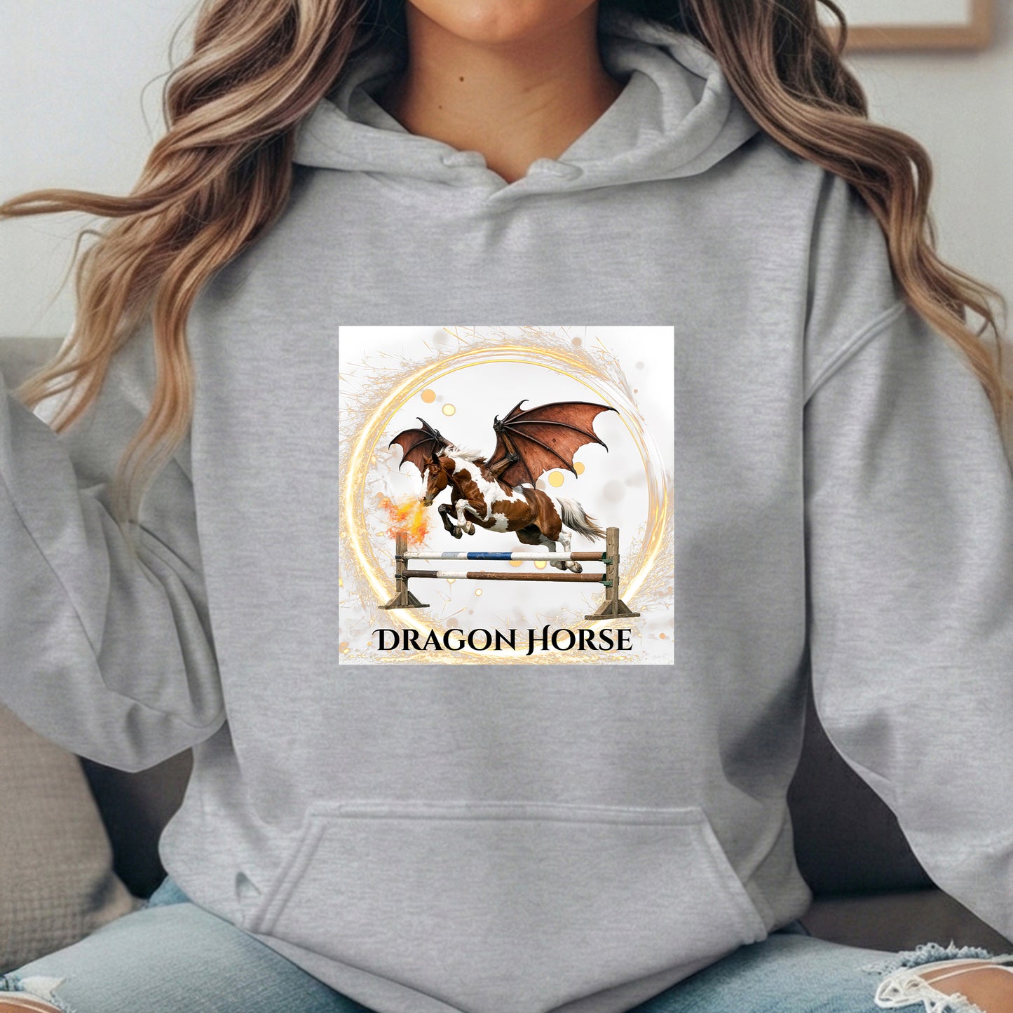 Dragon Horse Chestnut & White Winged Horse Jumping Fantasy Unisex Heavy Blend Hooded Sweatshirt