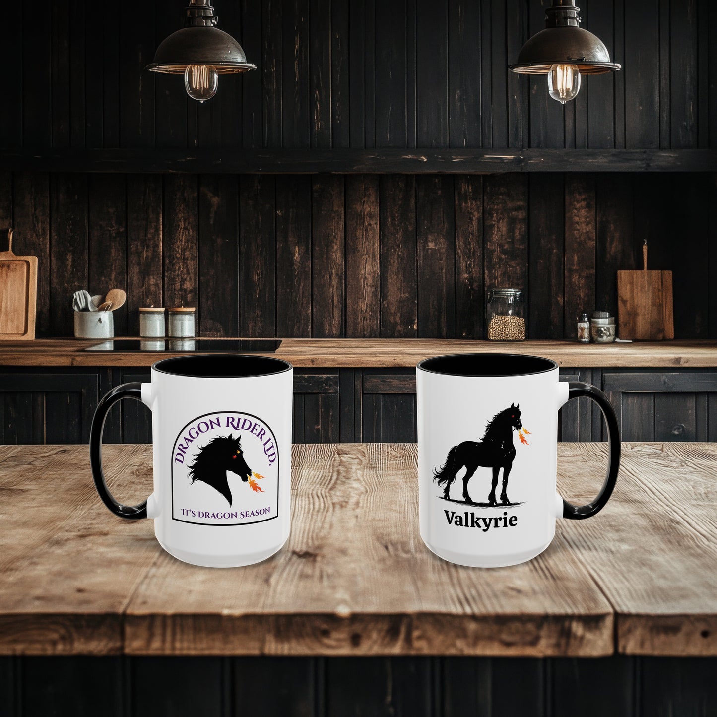 Two mugs with horse designs on a wooden table in a rustic kitchen setting.
