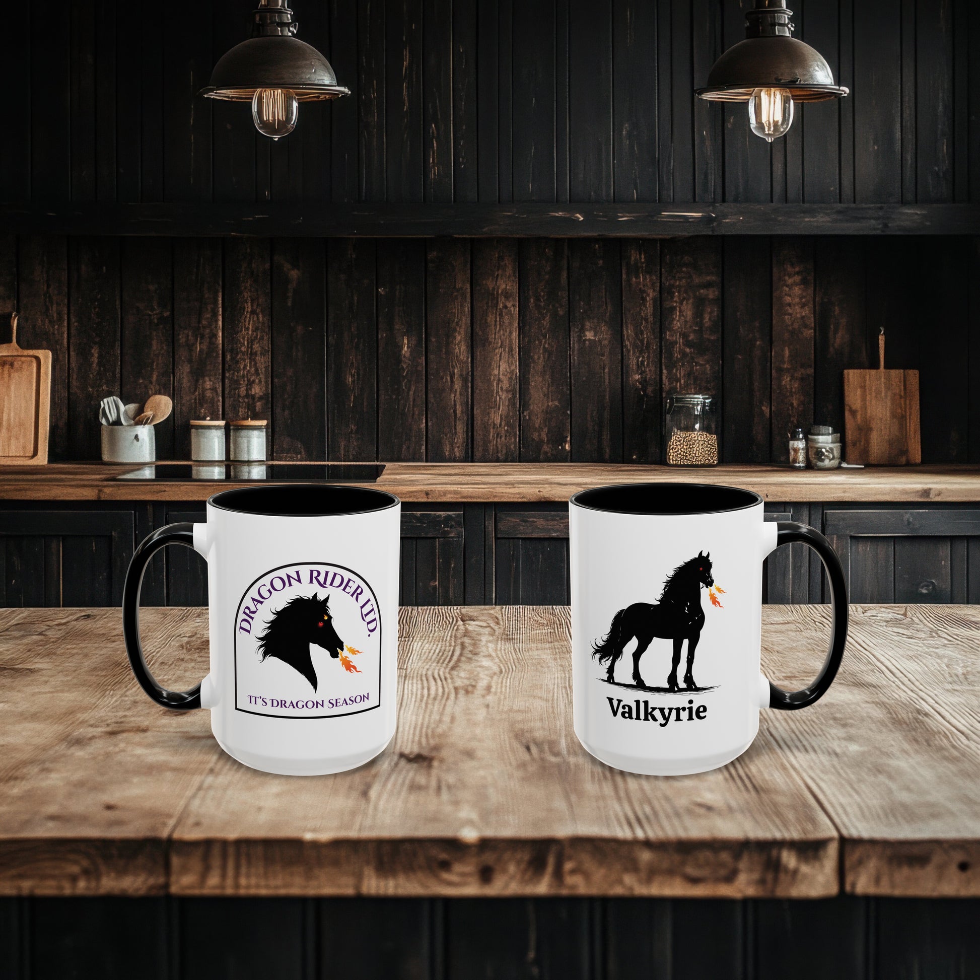 Two mugs with horse designs on a wooden table in a rustic kitchen setting.