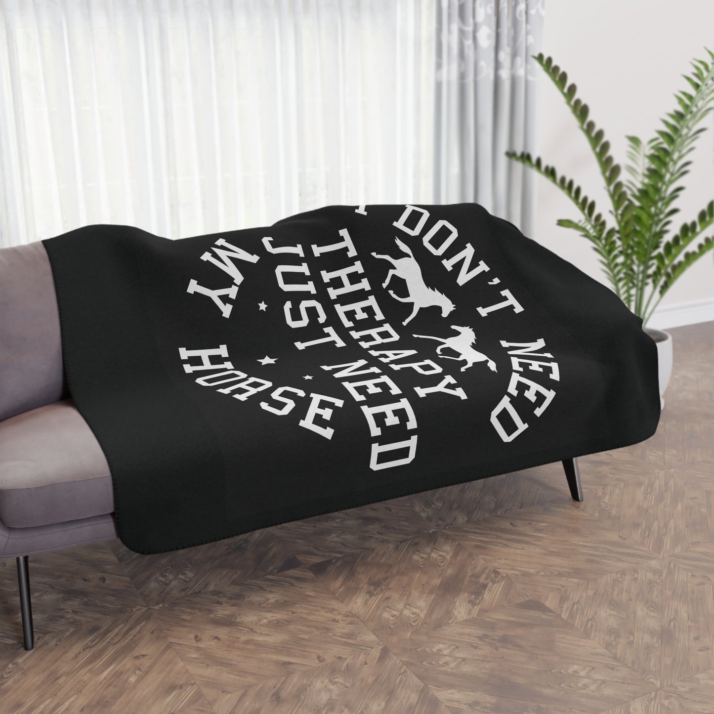 Horse Lover Sherpa Blanket — “I Don’t Need Therapy I Just Need My Horse” Cozy Tan Throw