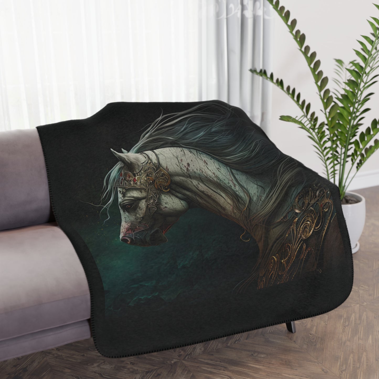 Warhorse Sherpa Blanket — Cozy Tan Throw with Fantasy Horse Art