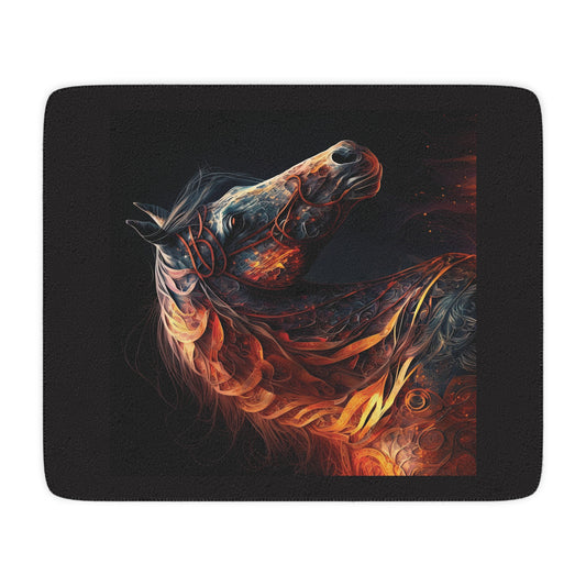 Flaming Horse Sherpa Blanket — Cozy Tan Plush Throw with Fiery Stallion Art