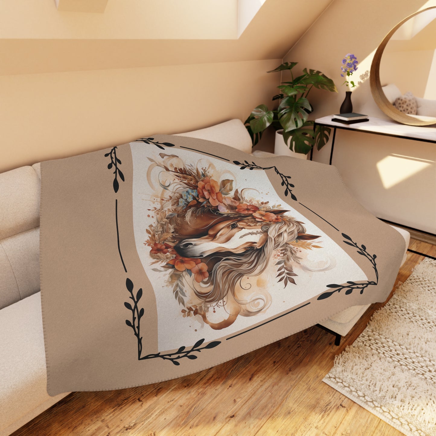 Boho Horse Floral Tan Sherpa Blanket – Cozy Western Throw for Equestrian Lovers