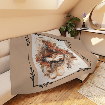 Boho Horse Floral Tan Sherpa Blanket – Cozy Western Throw for Equestrian Lovers