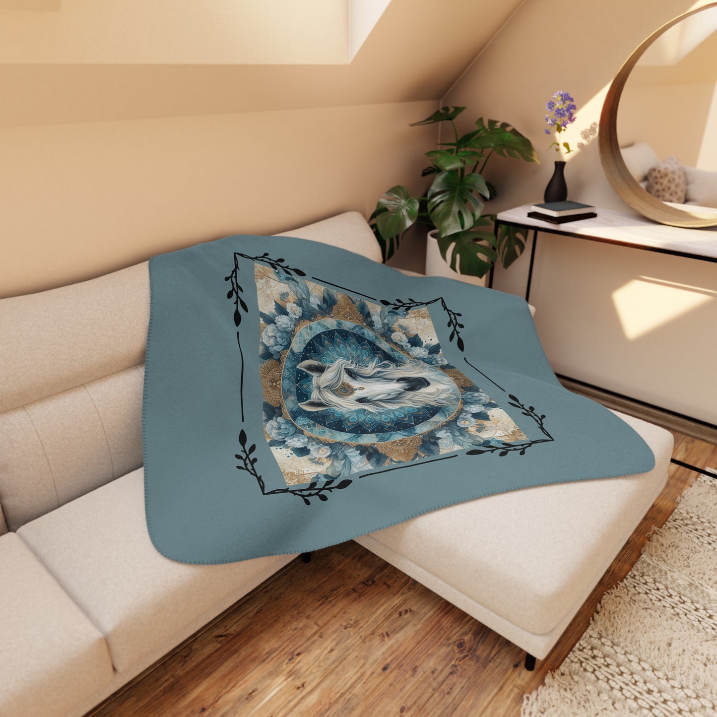Mystic White Horse Tan Sherpa Blanket — Cozy Boho Horse Mandala Throw