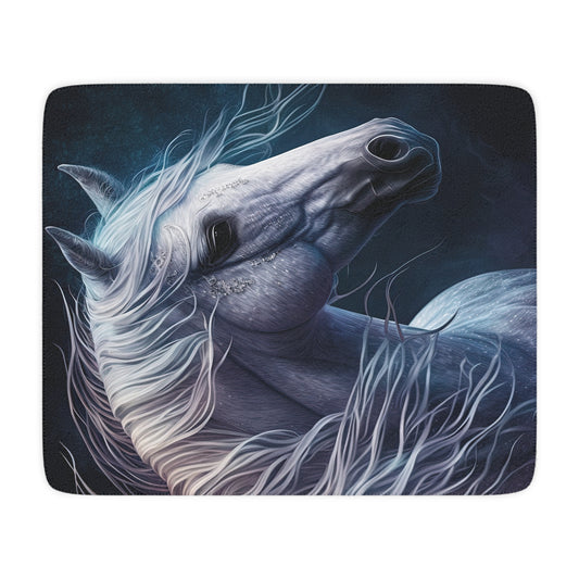 Mystic White Horse Sherpa Blanket — Cozy Tan Plush Throw for Horse Lovers