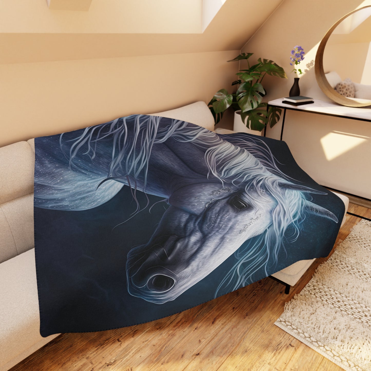 Mystic White Horse Sherpa Blanket — Cozy Tan Plush Throw for Horse Lovers