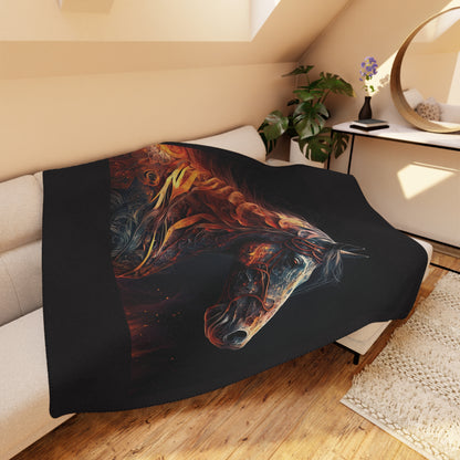 Flaming Horse Sherpa Blanket — Cozy Tan Plush Throw with Fiery Stallion Art