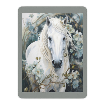 White Horse Floral Sherpa Blanket — Cozy Tan Plush Throw for Horse Lovers