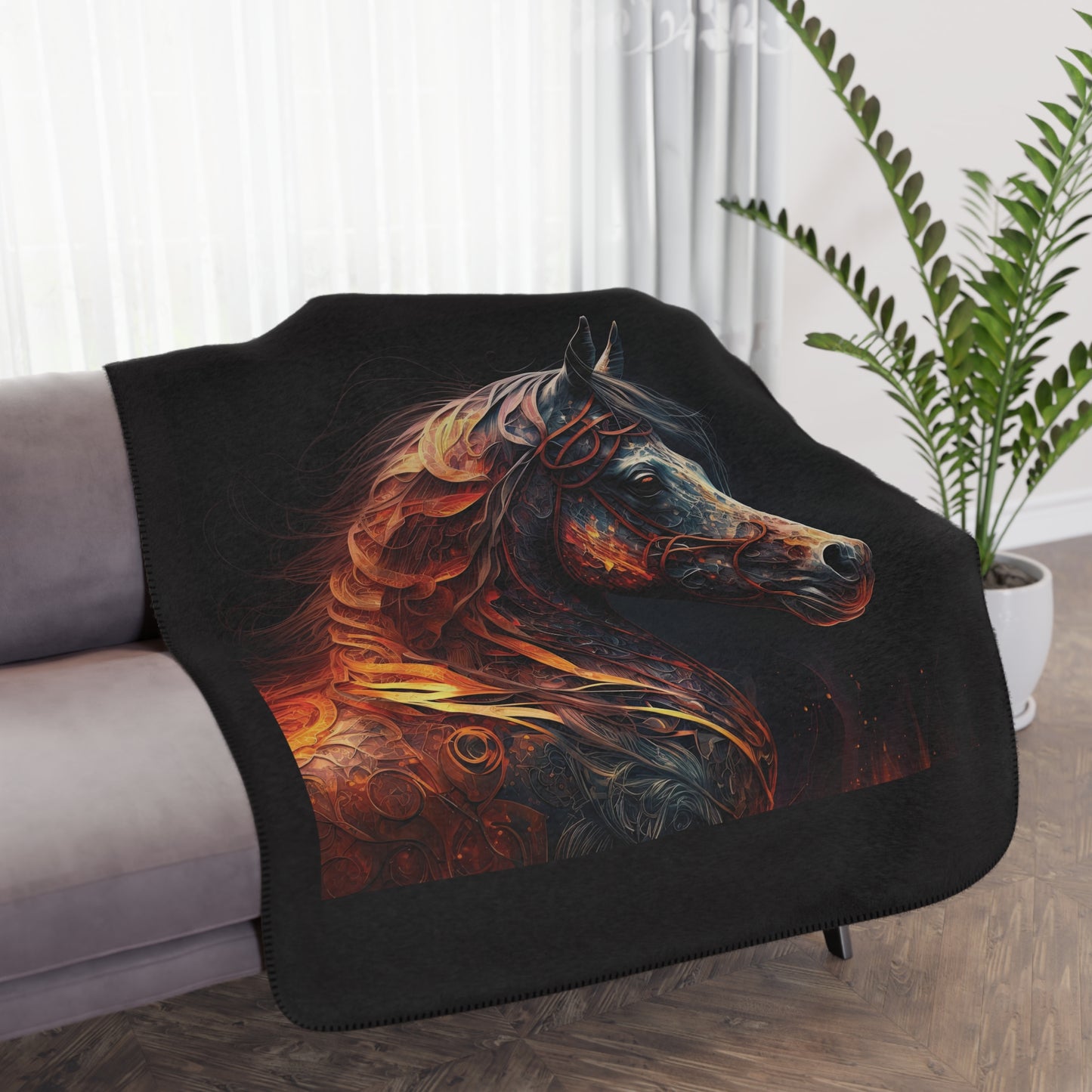 Flaming Horse Sherpa Blanket — Cozy Tan Plush Throw with Fiery Stallion Art