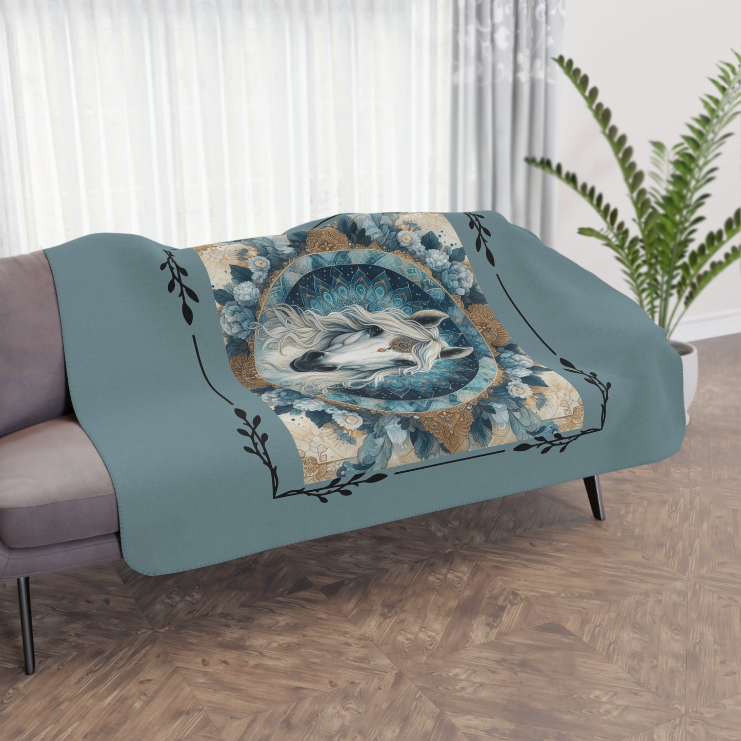 Mystic White Horse Tan Sherpa Blanket — Cozy Boho Horse Mandala Throw