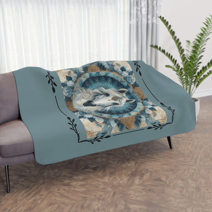 Mystic White Horse Tan Sherpa Blanket — Cozy Boho Horse Mandala Throw