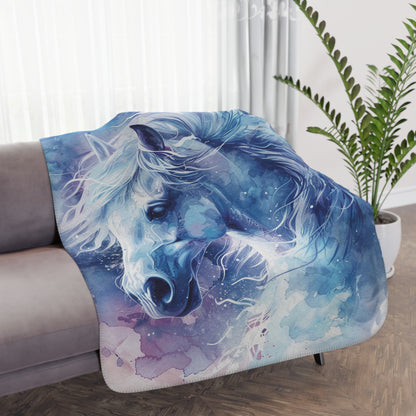 Watercolor Blue Horse Sherpa Blanket — Cozy Tan Fleece Throw for Equestrian Lovers