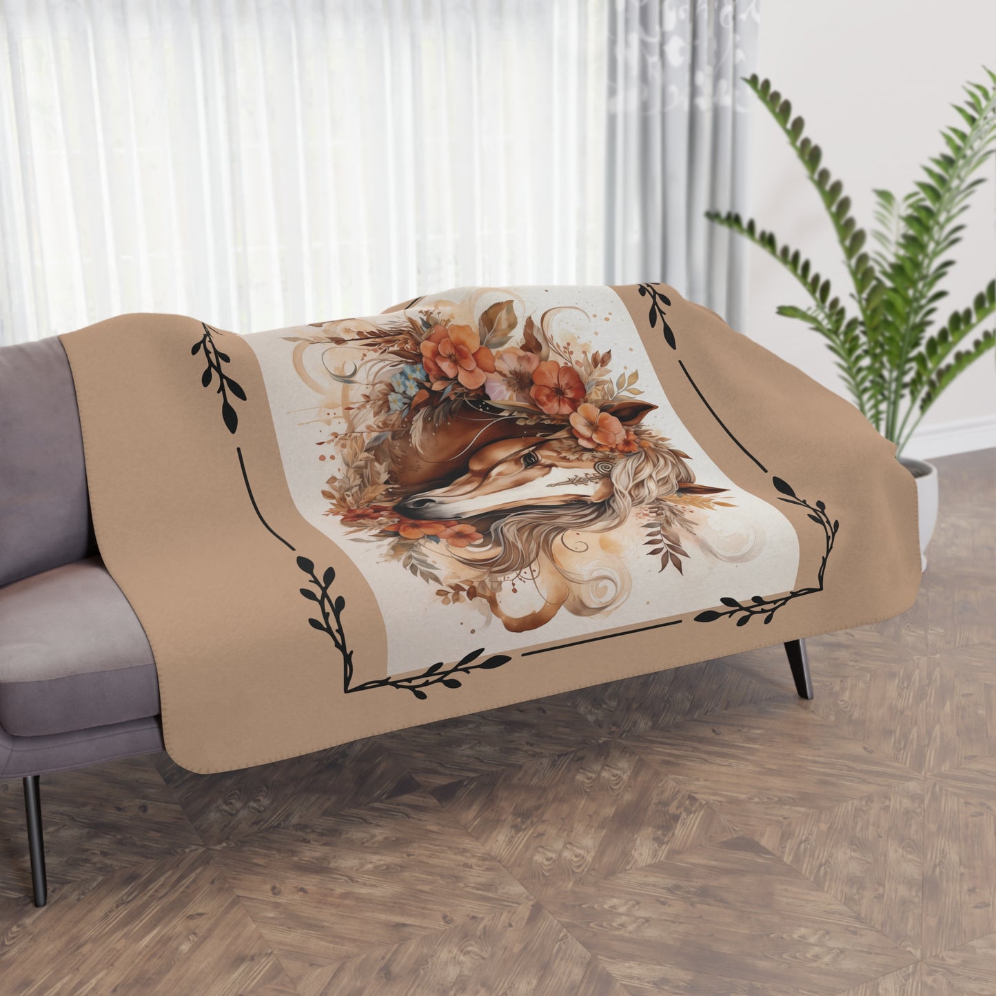 Boho Horse Floral Tan Sherpa Blanket – Cozy Western Throw for Equestrian Lovers