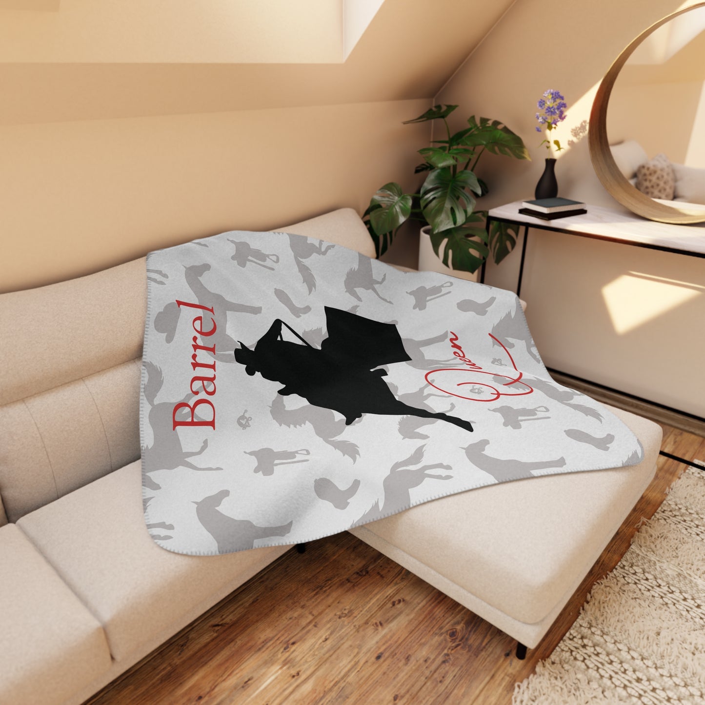 Barrel Racing Sherpa Blanket — 'Barrel Queen' Tan Cozy Throw