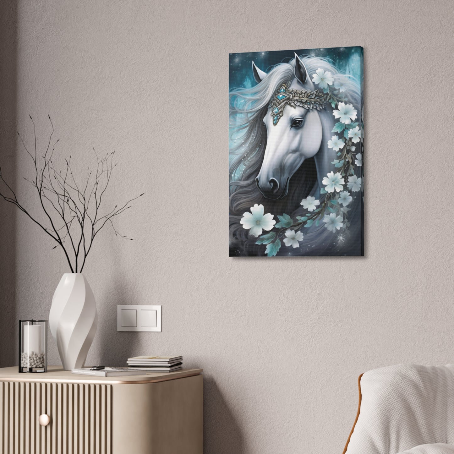 White Fantasy Horse Canvas Wall Art — Majestic Floral Unicorn Portrait