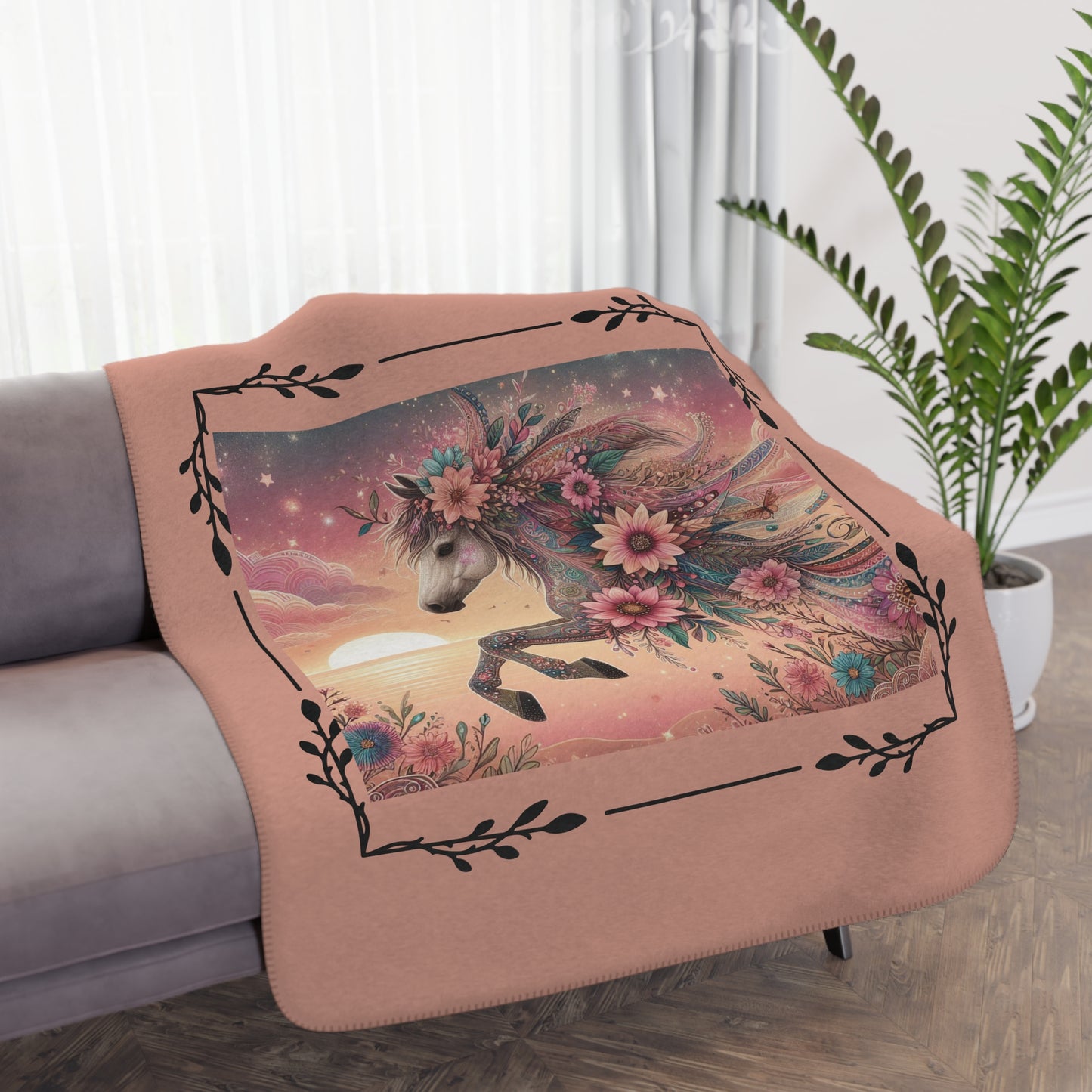 Floral Unicorn Sherpa Blanket — Cozy Tan Plush Throw with Whimsical Flower Mane