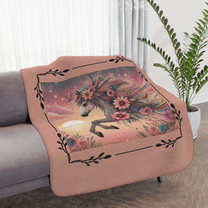Floral Unicorn Sherpa Blanket — Cozy Tan Plush Throw with Whimsical Flower Mane