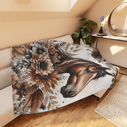 Tan Horse Floral Sherpa Blanket