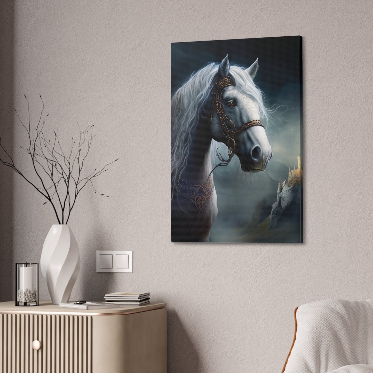 Mystic White Stallion Canvas Art — Fantasy Horse Portrait Stretched 1.5"