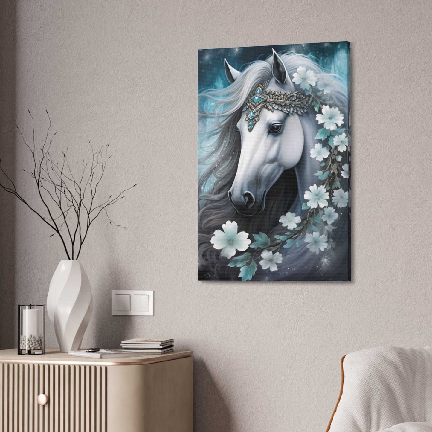 White Fantasy Horse Canvas Wall Art — Majestic Floral Unicorn Portrait