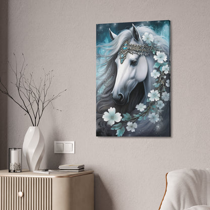 White Fantasy Horse Canvas Wall Art — Majestic Floral Unicorn Portrait