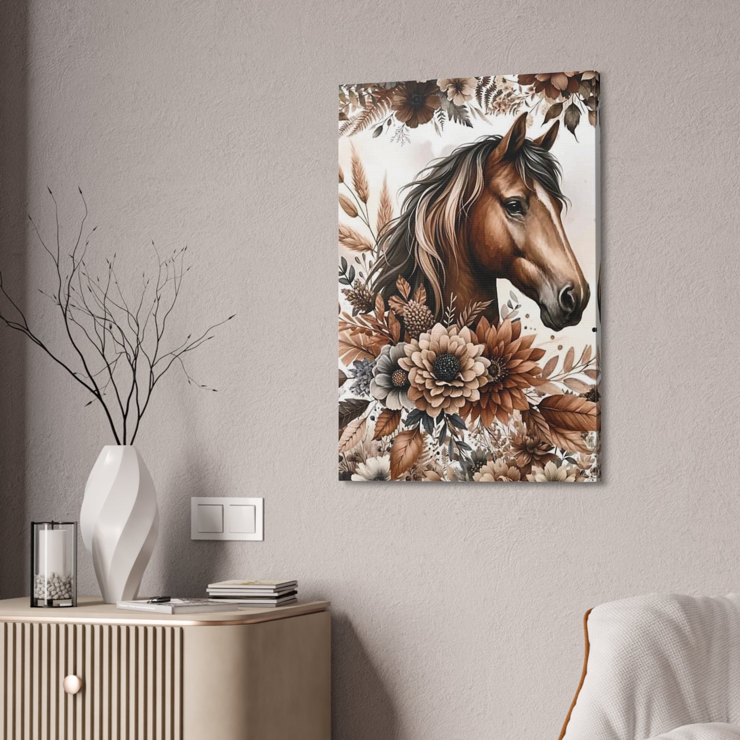 Brown Horse Floral Canvas Wall Art – Stretched 1.5"