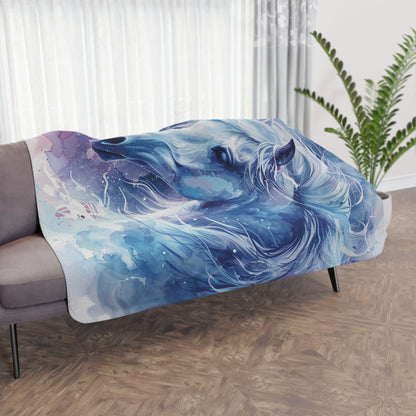 Watercolor Blue Horse Sherpa Blanket — Cozy Tan Fleece Throw for Equestrian Lovers