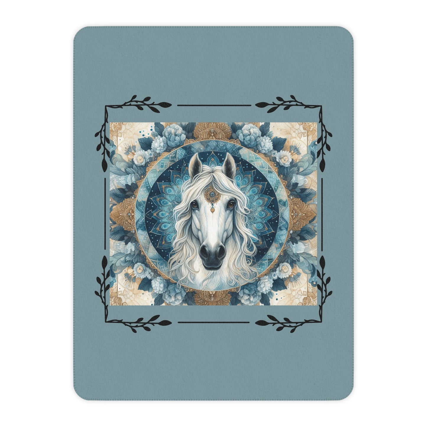 Mystic White Horse Tan Sherpa Blanket — Cozy Boho Horse Mandala Throw