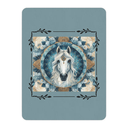 Mystic White Horse Tan Sherpa Blanket — Cozy Boho Horse Mandala Throw
