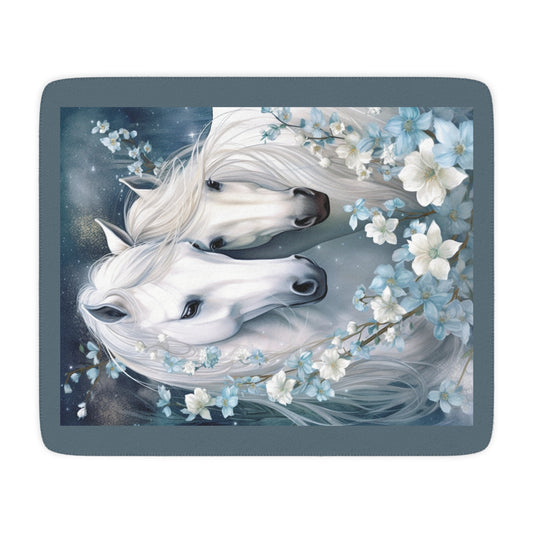 White Horses Floral Throw Blanket — Tan Sherpa Fleece