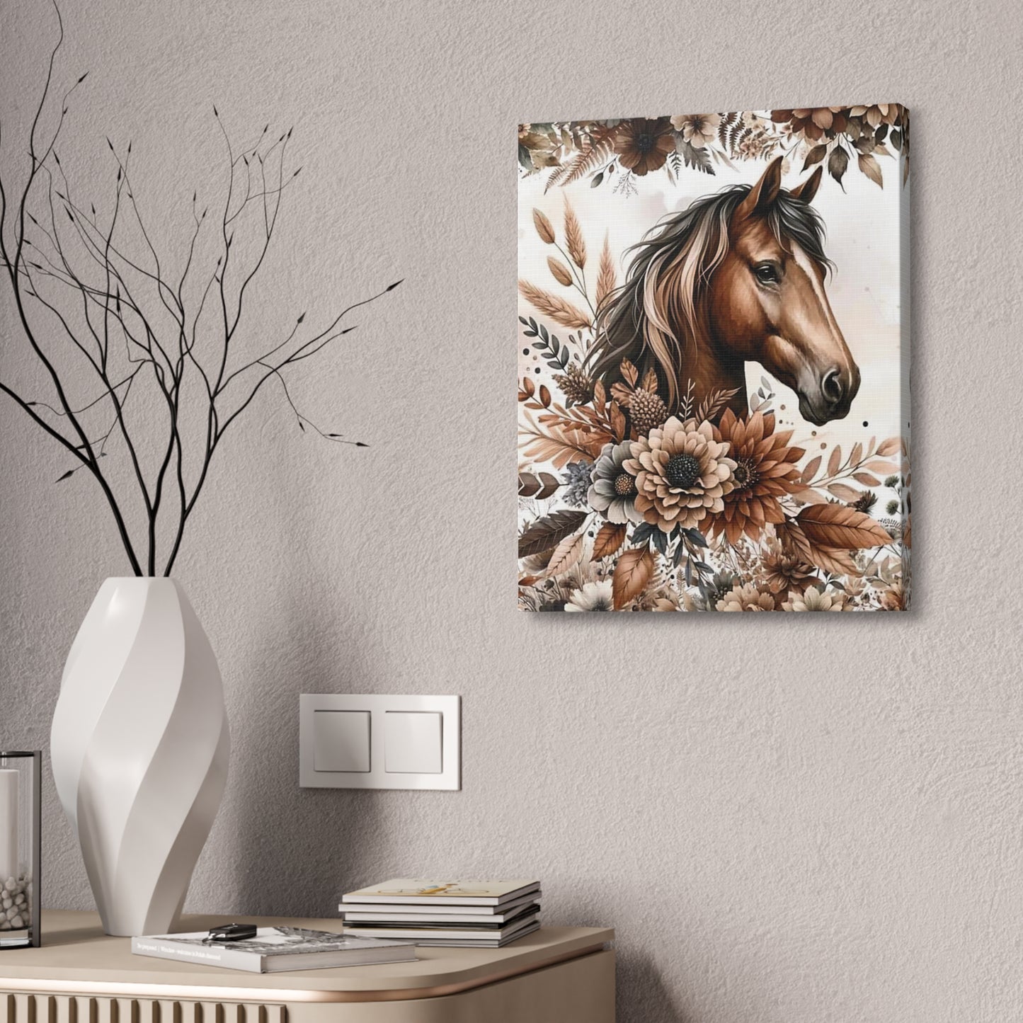 Brown Horse Floral Canvas Wall Art – Stretched 1.5"